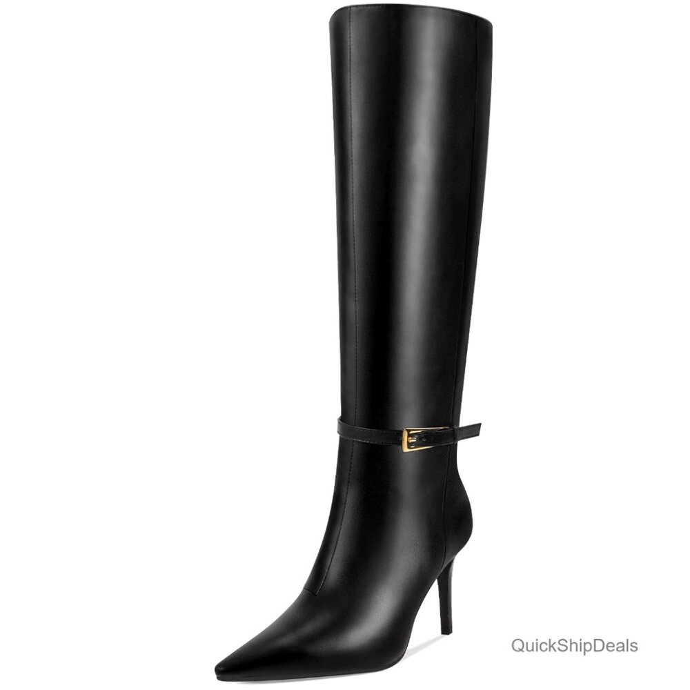 Knee High Stiletto Heel Boots, 3.3in Heel, Side Zipper, Faux Leather